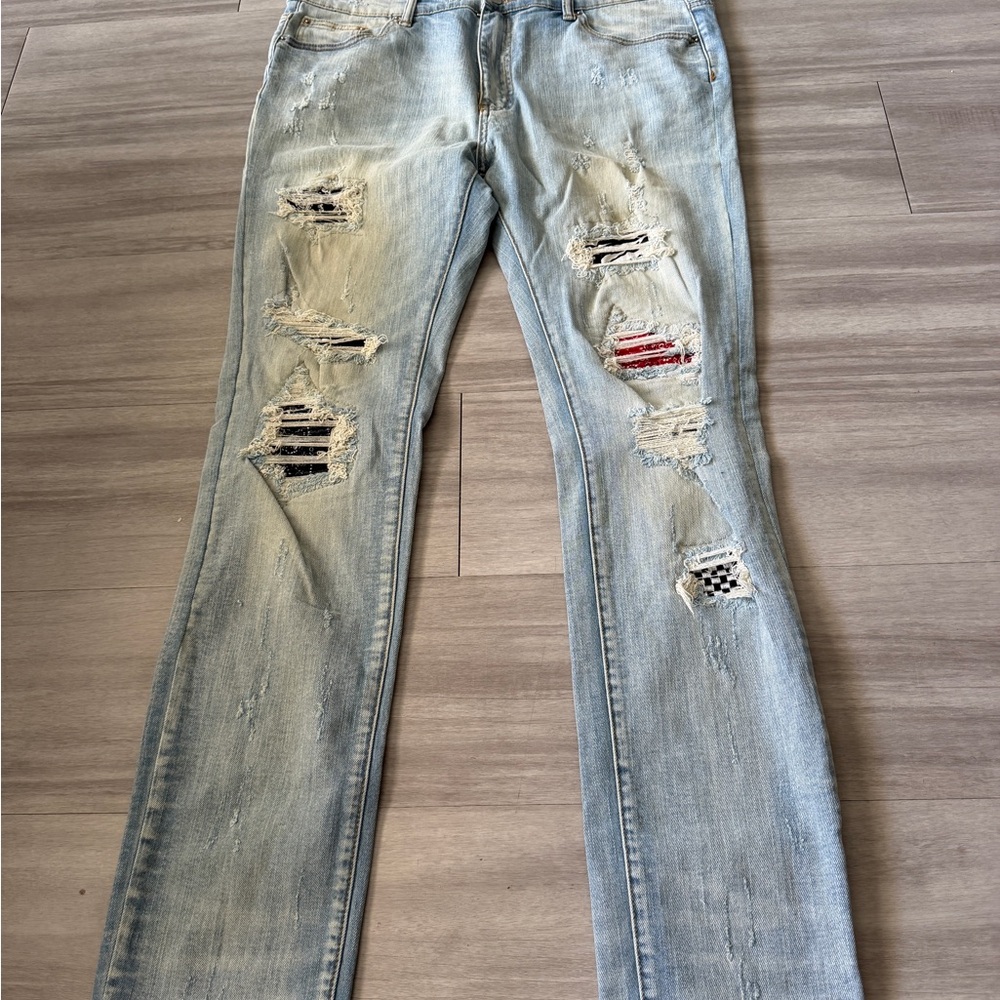 MNML Light Blue Distressed Jeans with Red and Black Accents